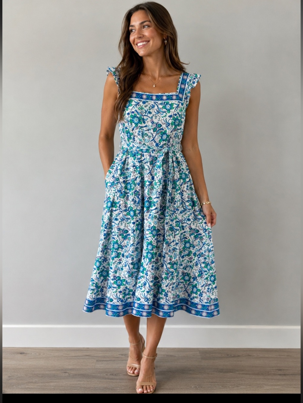 Talbots Blue Green Floral Midi Dress Square  Ruffle Sleeve Belted Fit Flare 14